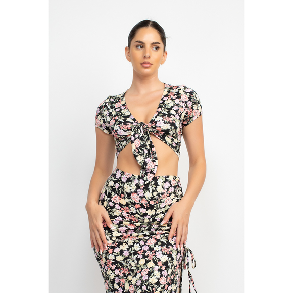 Front Knot Floral Top & Ruched Maxi Skirts Set - Picture 2 of 10